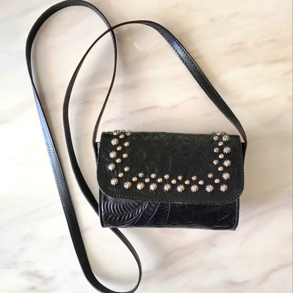 American West Bags Vintage Black Tooled Leather Studded Messenger